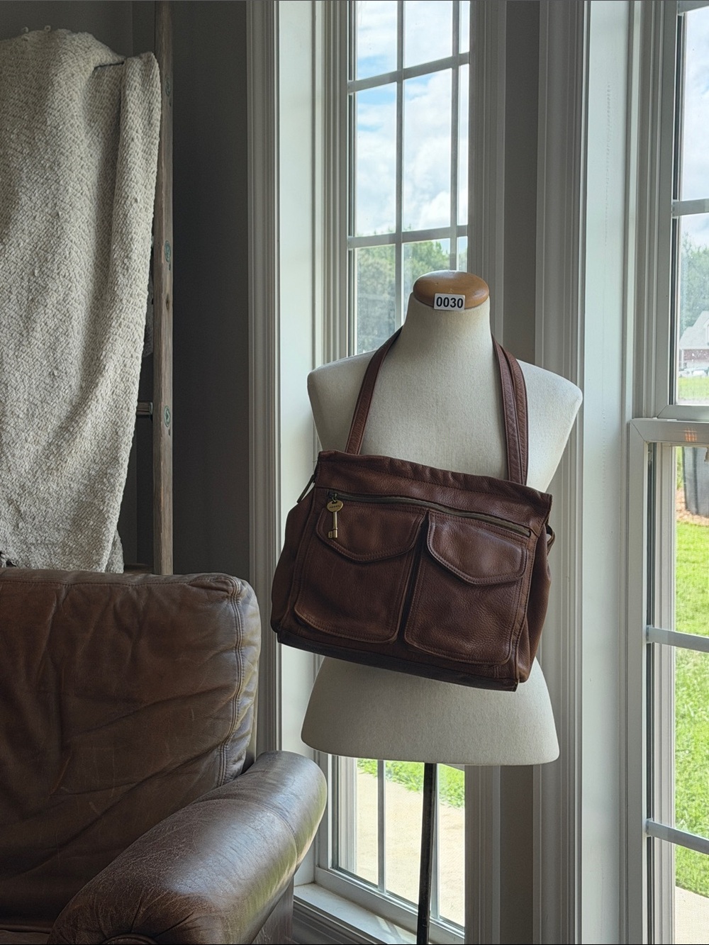 Fossil Brown Leather Messenger Bag with Front Flap Pockets
